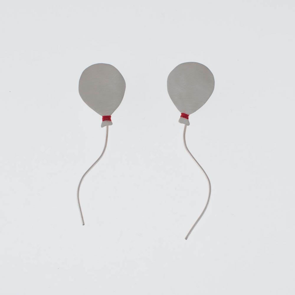 Back To Sky Balloon Sterling Silver Earrings with Red Floss Original Design Modern Celebration Gift