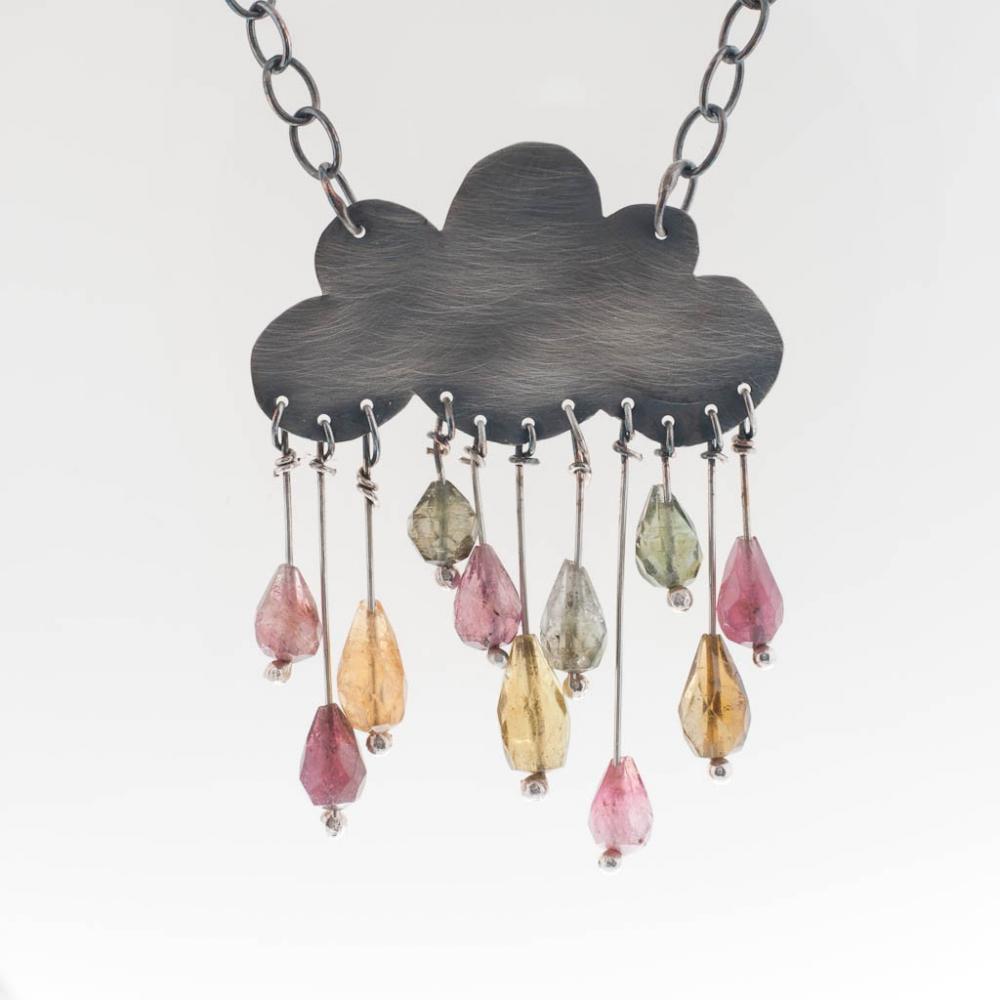 Cumulonimbus Sterling Silver Oxidized Rain Cloud Necklace with Tourmaline Gemstones Raindrops in Purple Pink Green Watermelon Colors
